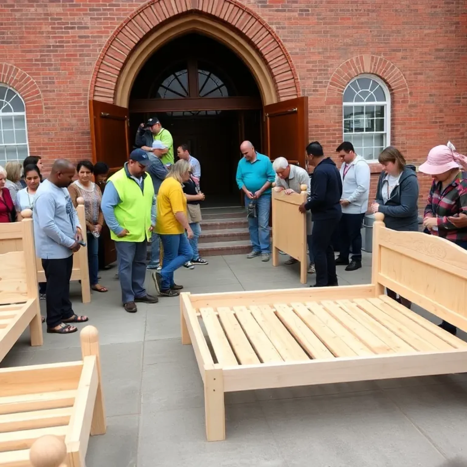 Volunteers building bed frames for Hurricane Helene victims at Central United Methodist Church.