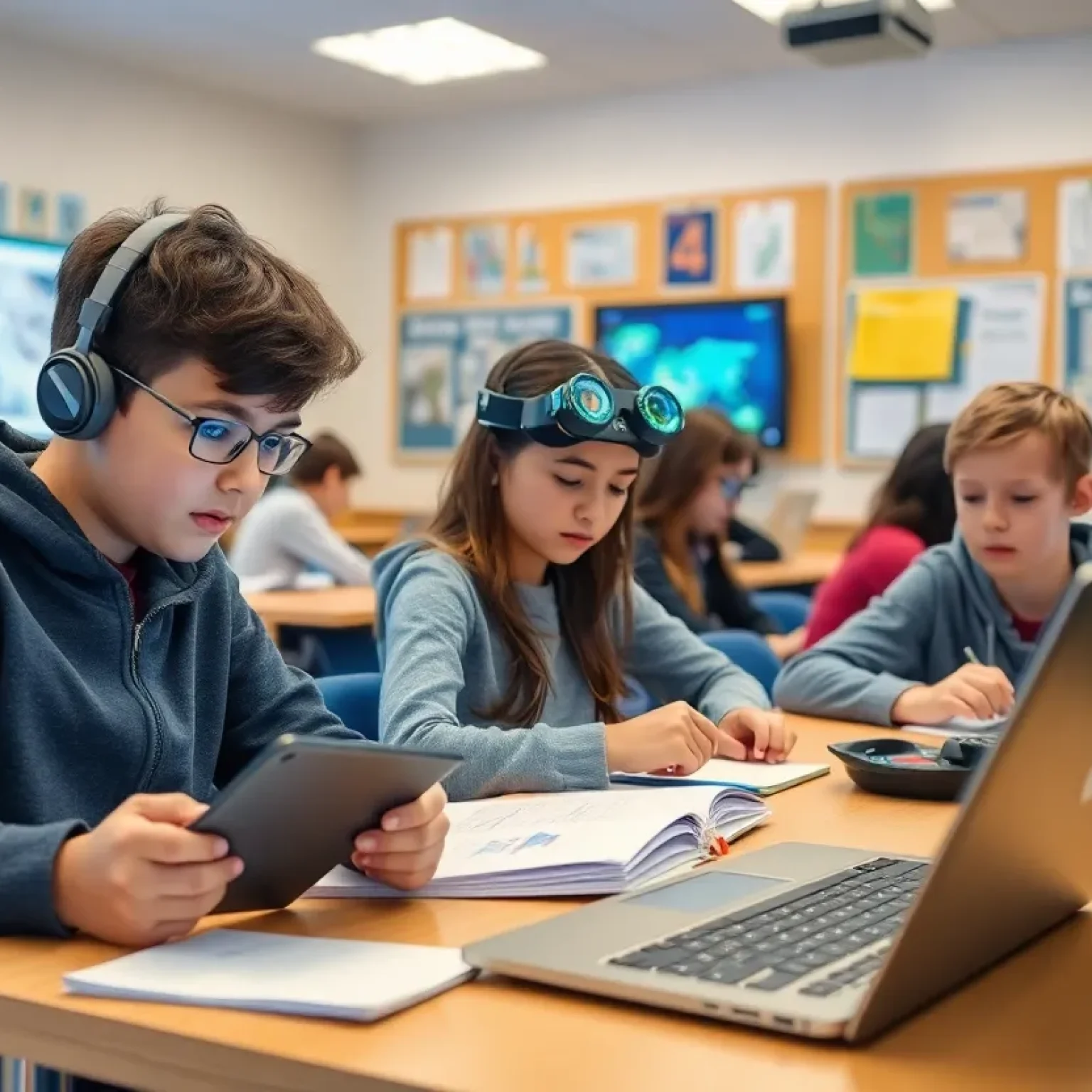 Students in a classroom engaged with AI technology