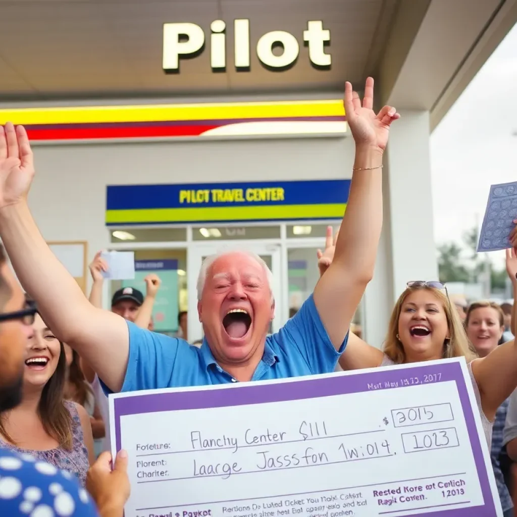 Crowd celebrating a lottery win at Pilot Travel Center in Florence