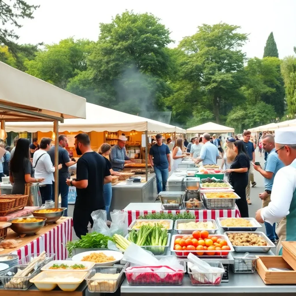 A lively scene from the Florence Wine & Food Festival with chefs and attendees enjoying food