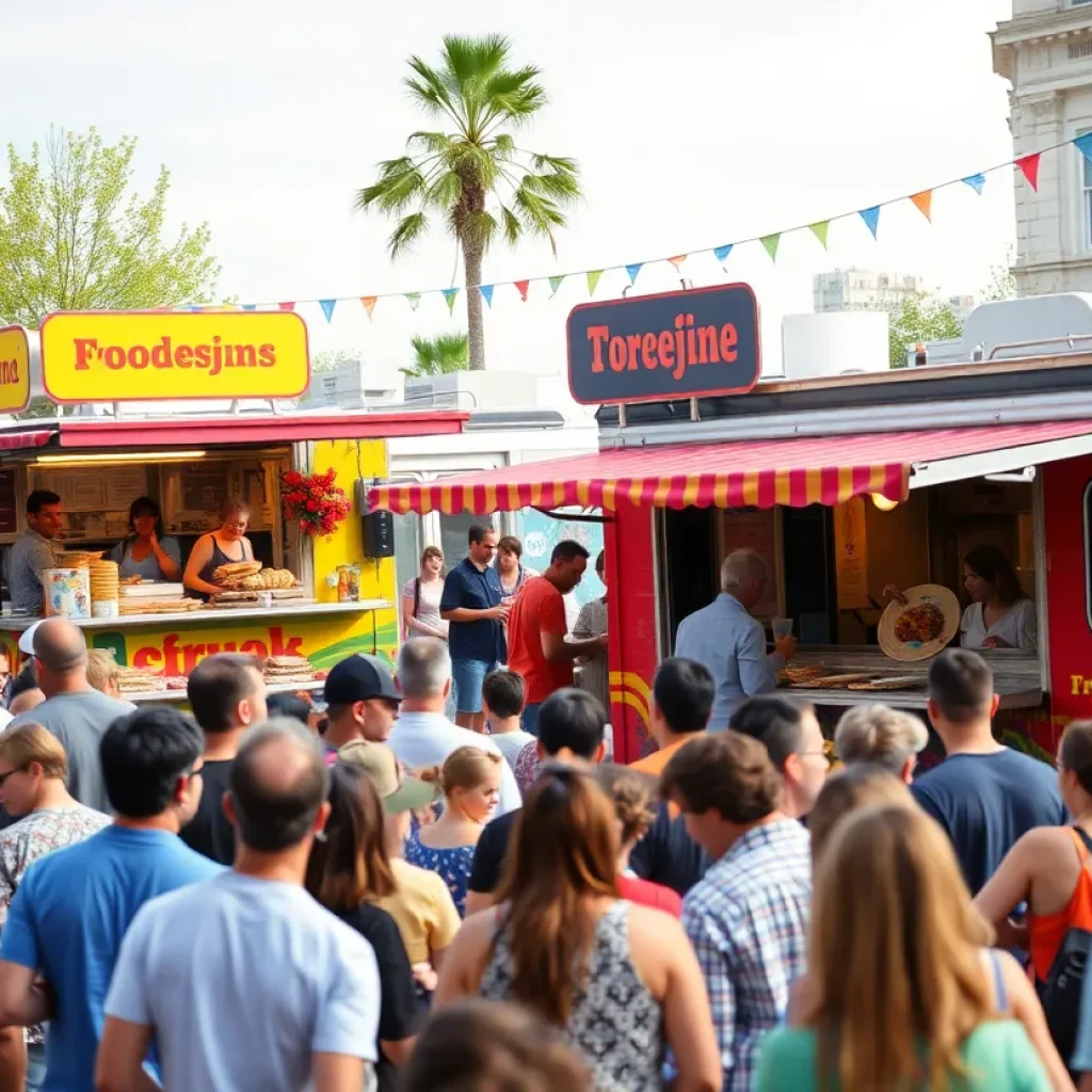 Crowd enjoying food from various colorful food trucks at a festival