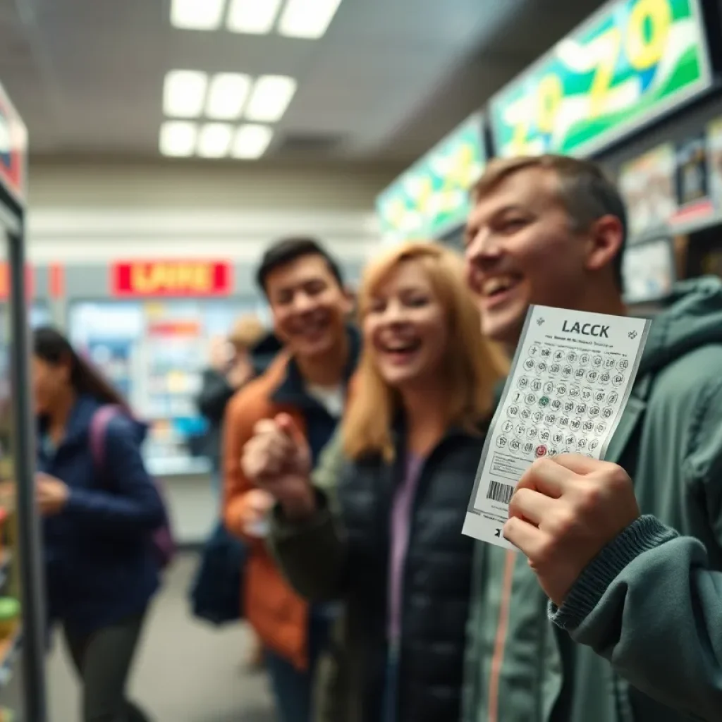 A lottery ticket with winning numbers displayed at a convenience store