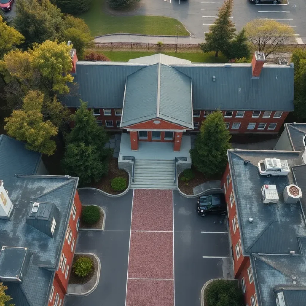 Aerial view of Greenwood Elementary School showcasing safety measures.