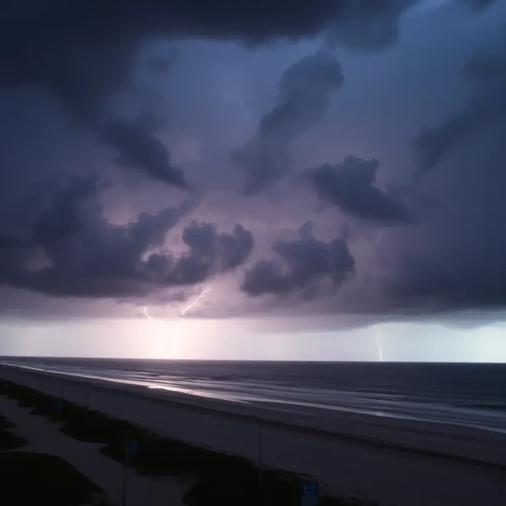 Dark storm clouds with lightning above Myrtle Beach