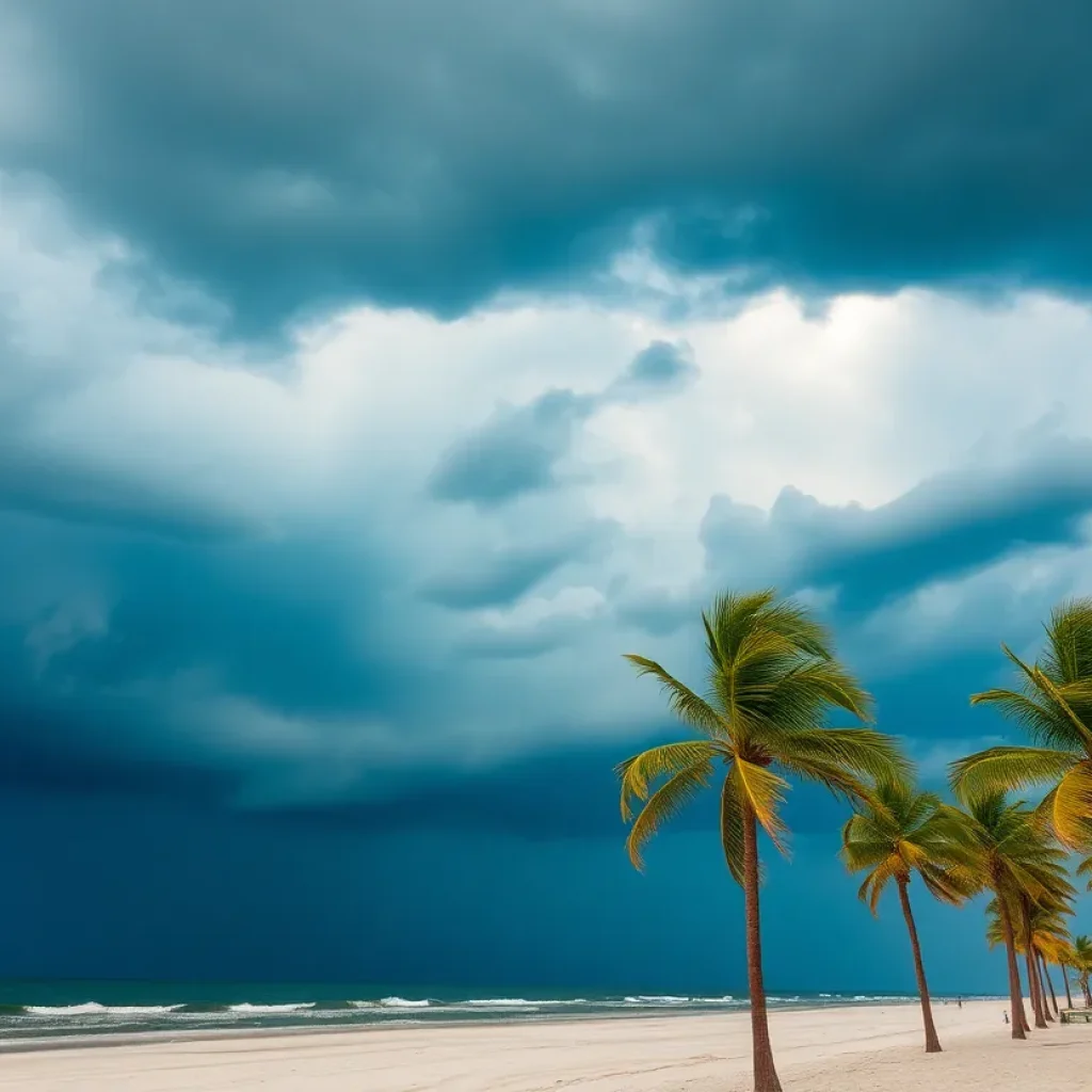 Dark storm clouds gathering over Myrtle Beach with windy conditions.