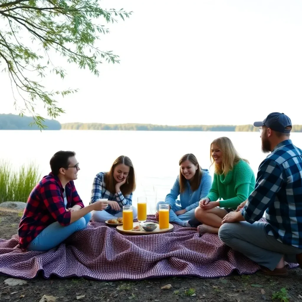 Family and friends gathering at a lakeside for a celebration of life.