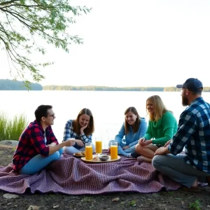 Family and friends gathering at a lakeside for a celebration of life.