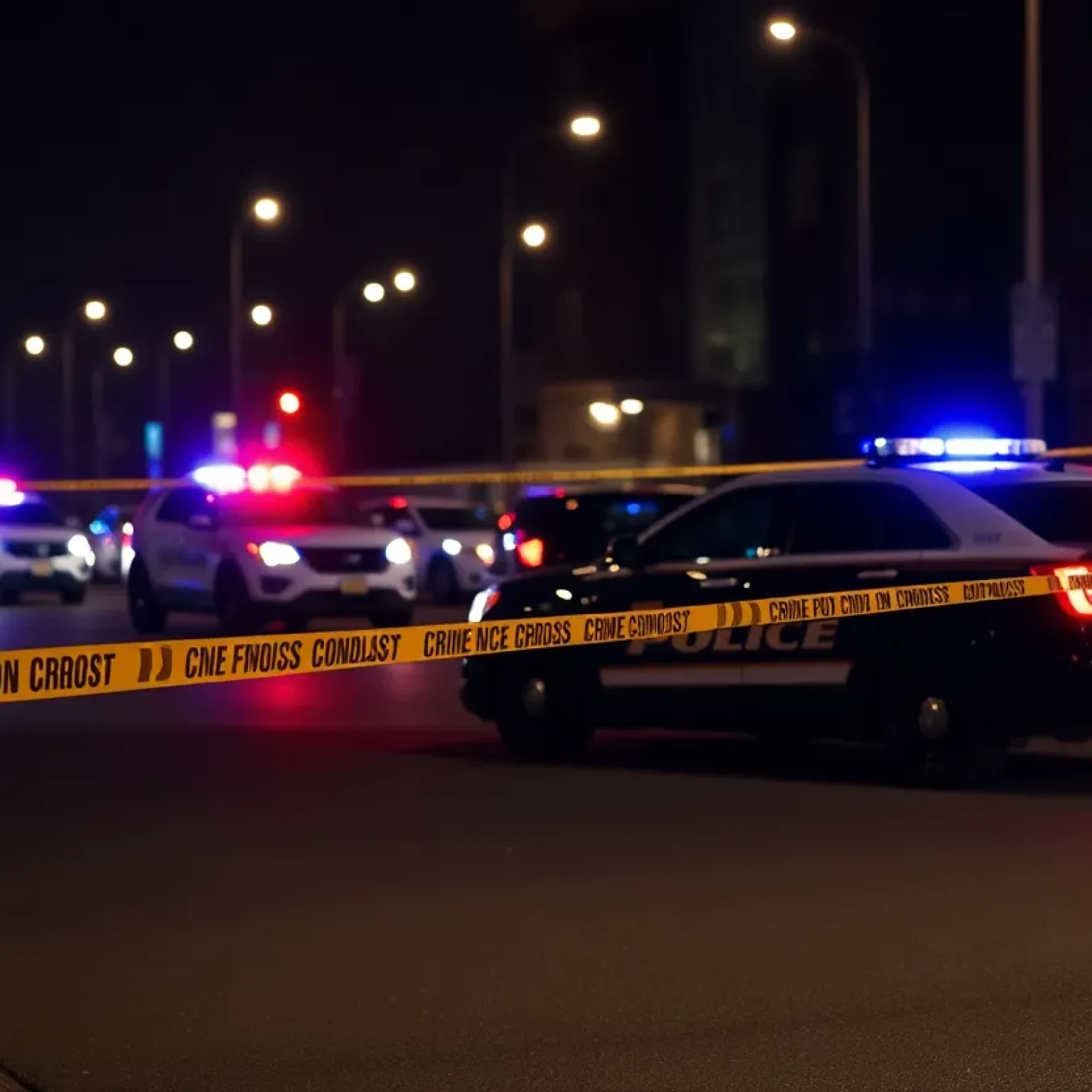 Police cars and crime scene tape at night
