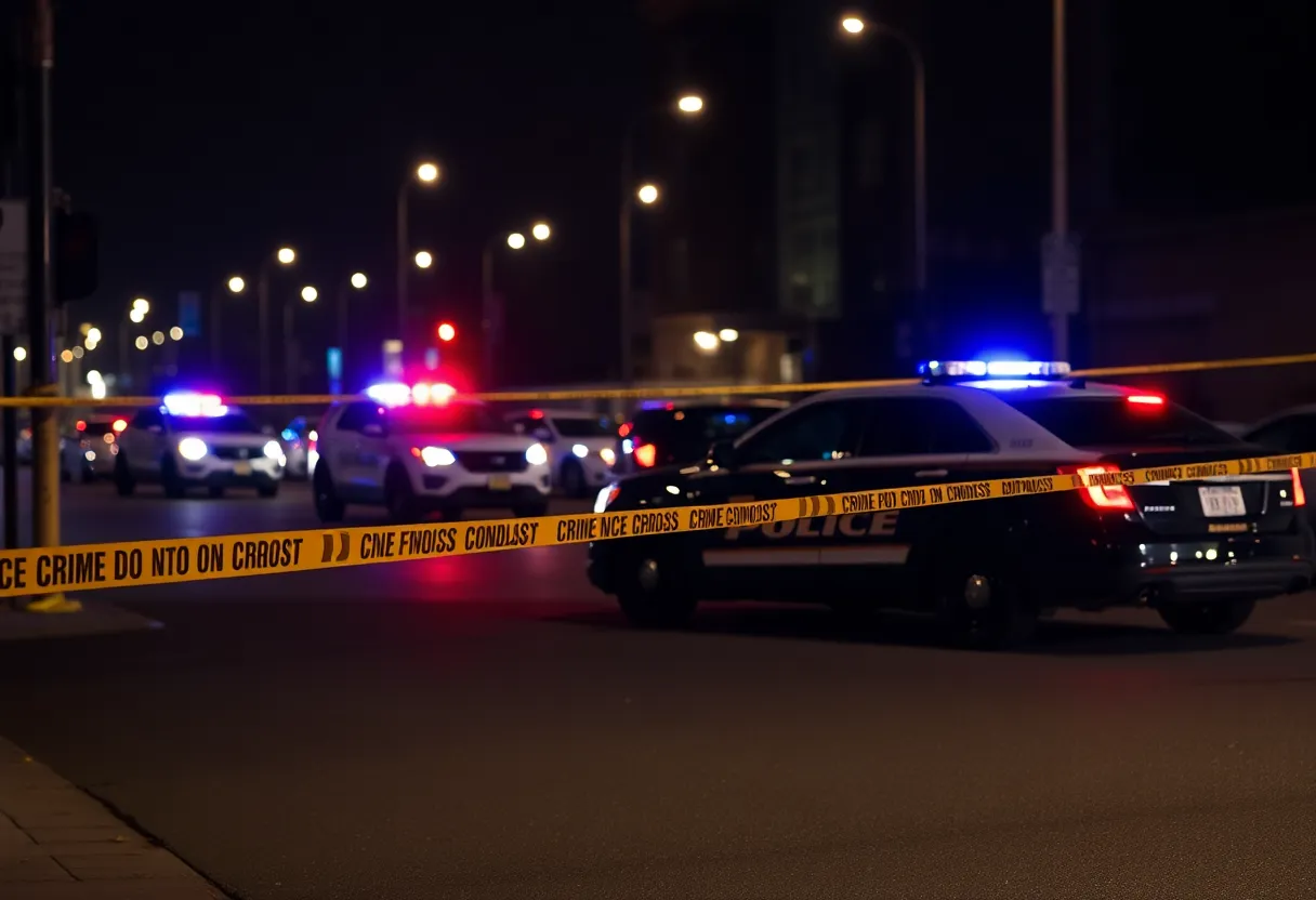 Police cars and crime scene tape at night