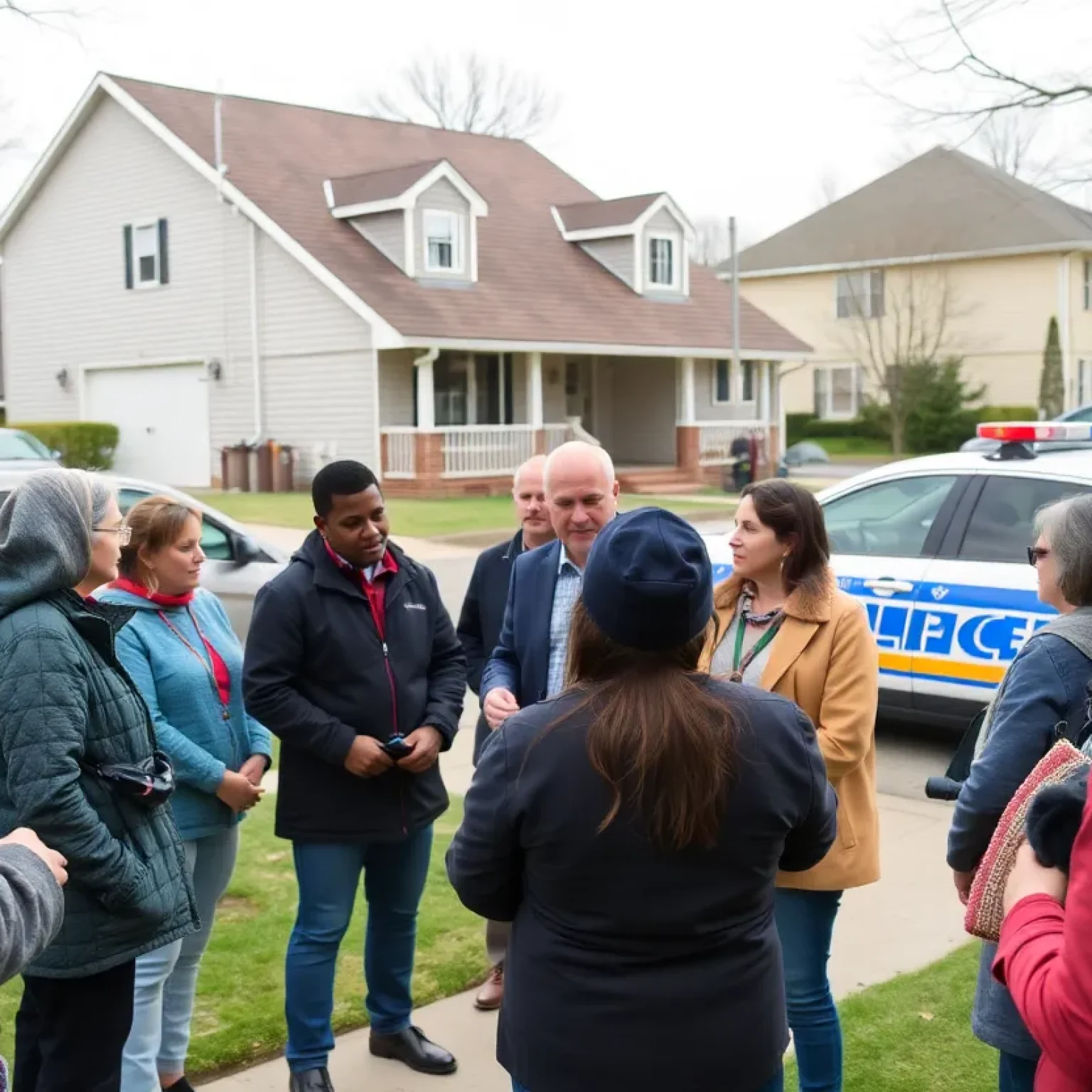 Community members discussing concerns over child neglect outside a home