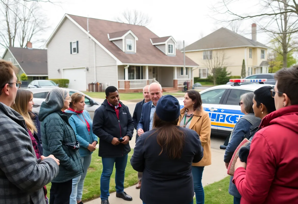 Community members discussing concerns over child neglect outside a home
