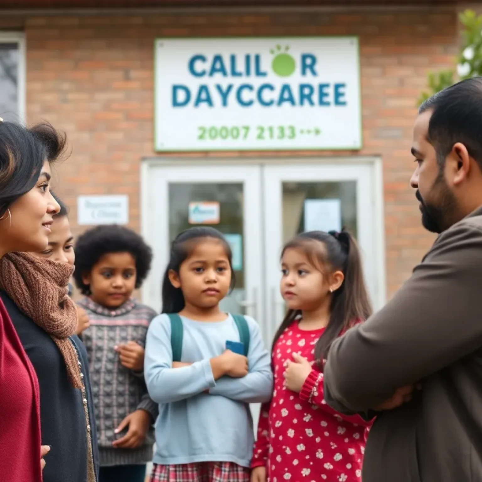 Group of people discussing child safety issues outside a daycare center.