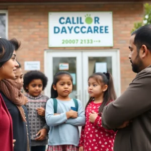 Group of people discussing child safety issues outside a daycare center.