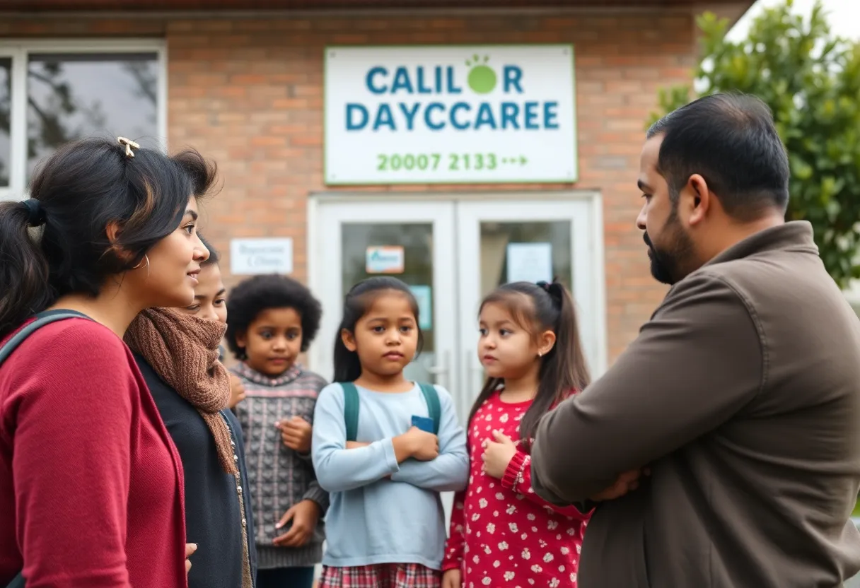 Group of people discussing child safety issues outside a daycare center.