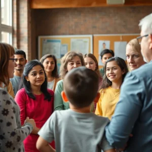 Parents and educators discussing child safety in a school setting