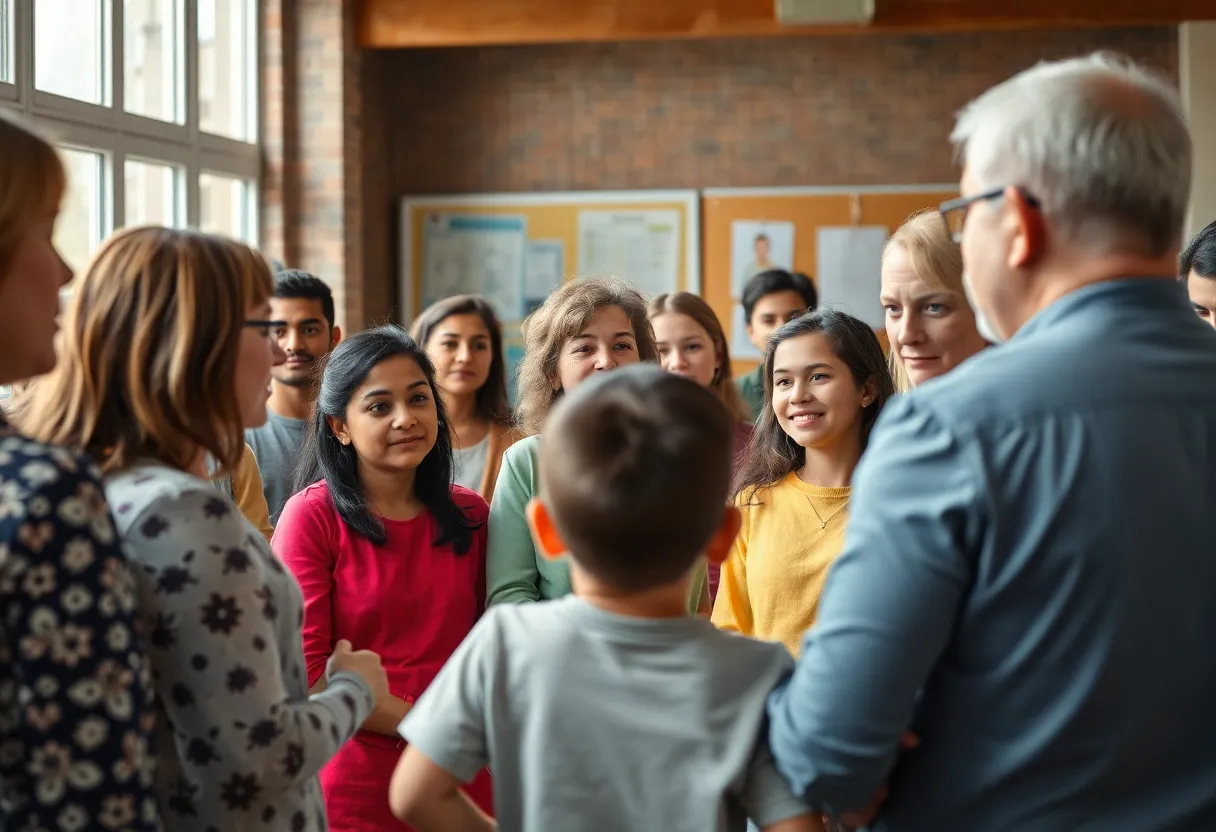 Parents and educators discussing child safety in a school setting