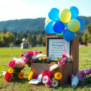 A memorial site with a blessing box for EMT Amber Hickson, decorated with flowers and balloons.