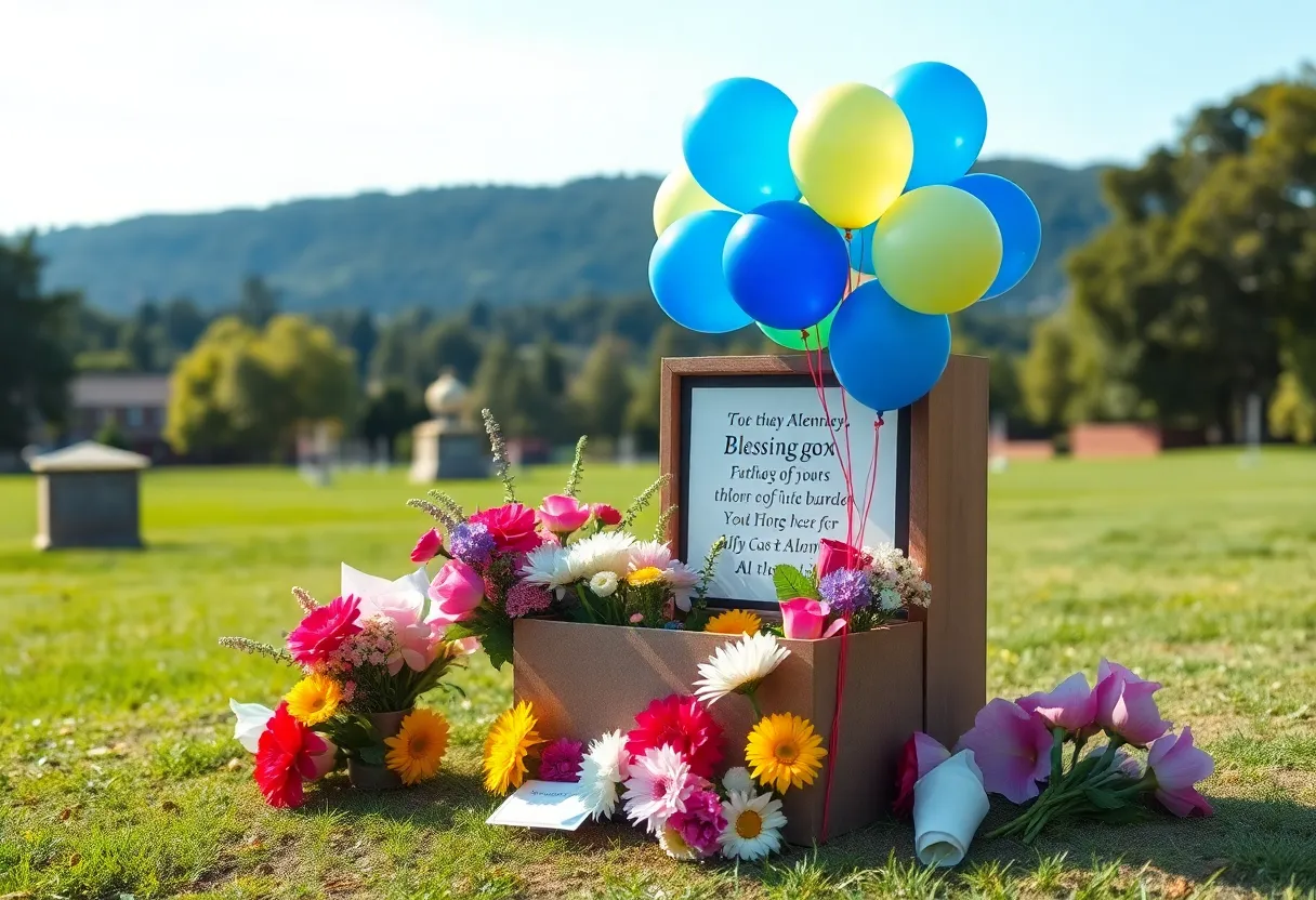 A memorial site with a blessing box for EMT Amber Hickson, decorated with flowers and balloons.
