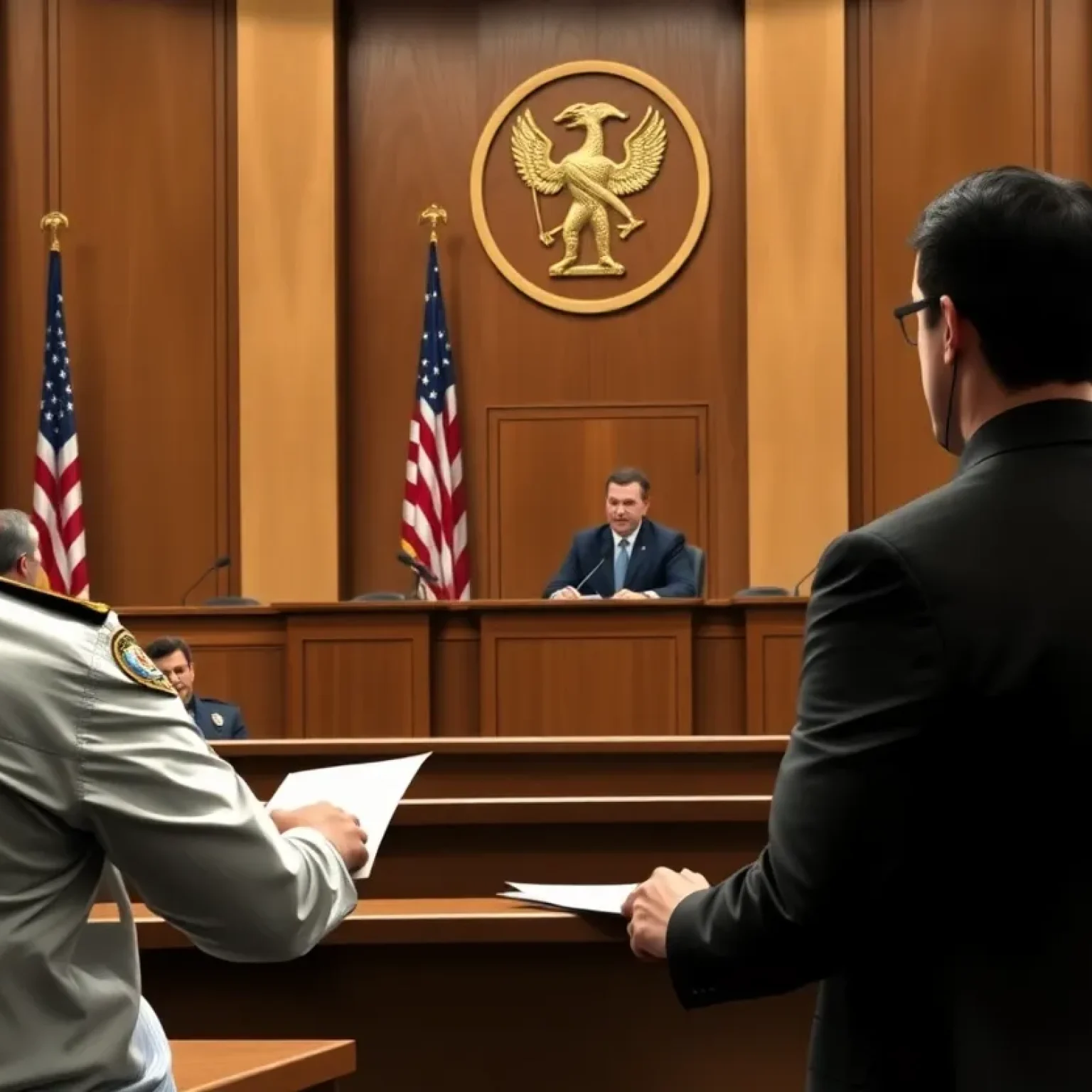 Courtroom scene following the murder conviction of a police officer.