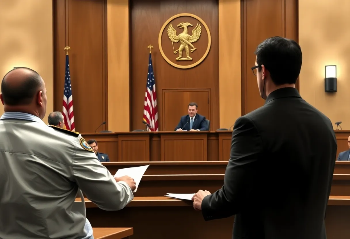 Courtroom scene following the murder conviction of a police officer.