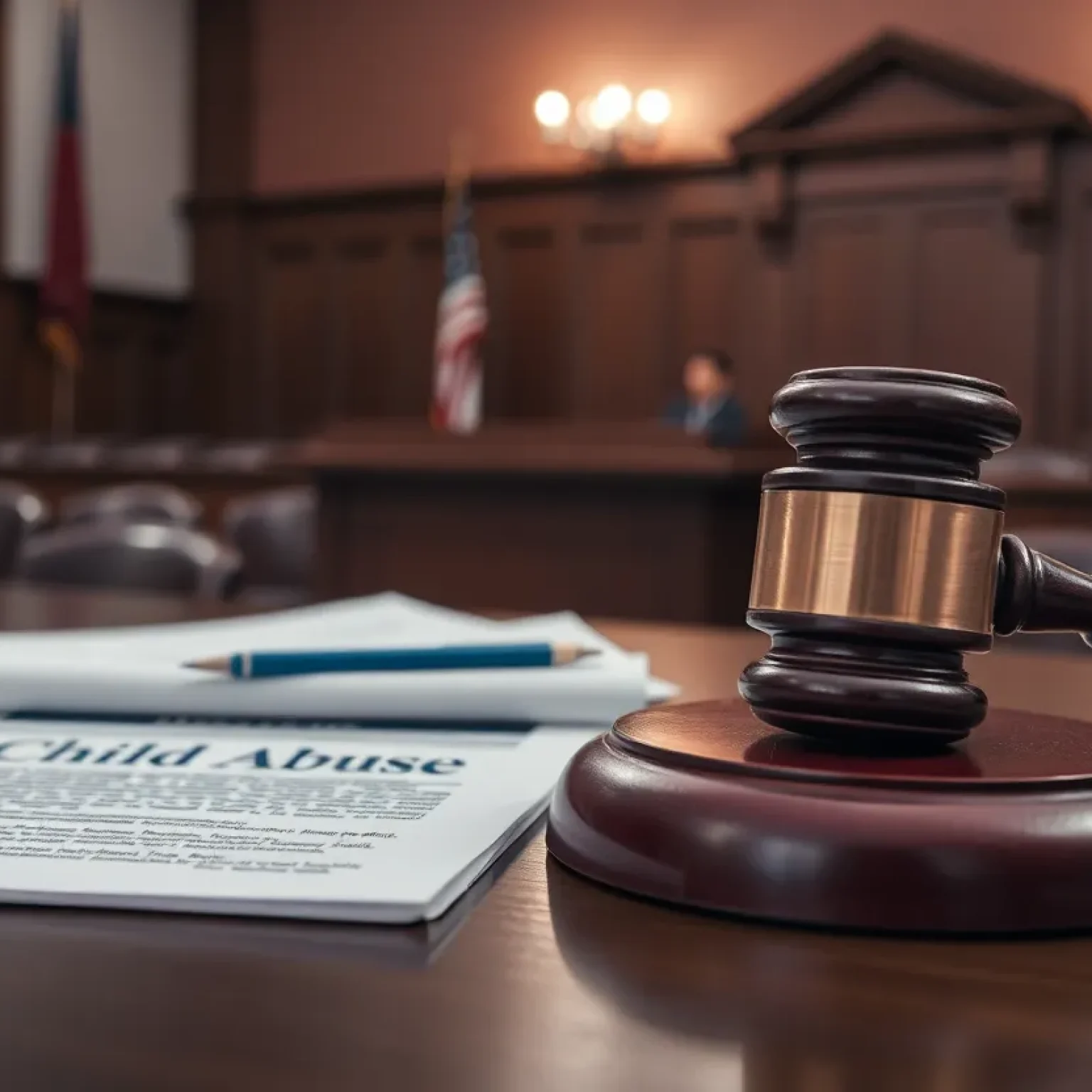 Courtroom scene depicting a child abuse lawsuit