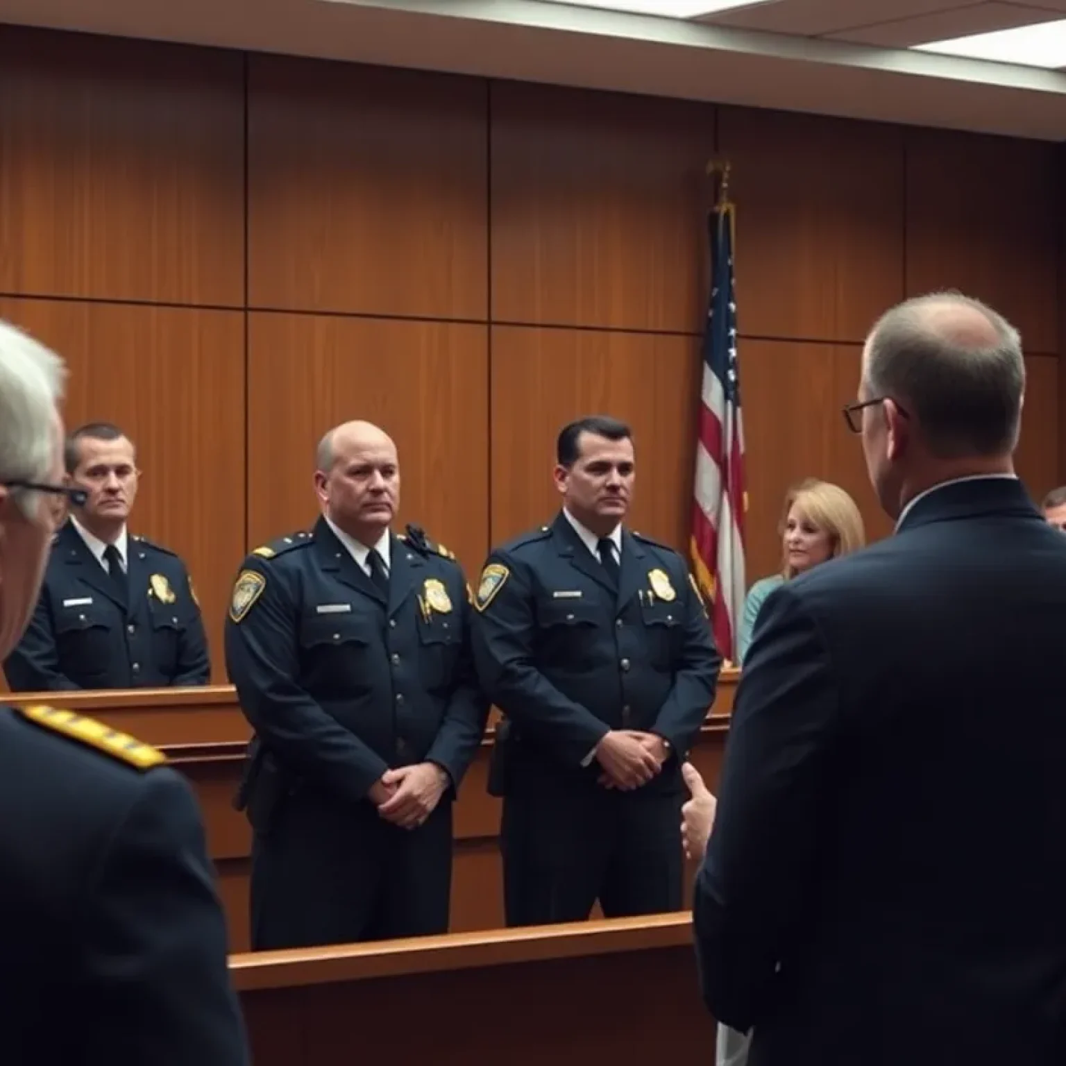 Courtroom scene during sentencing of a police officer's murderer