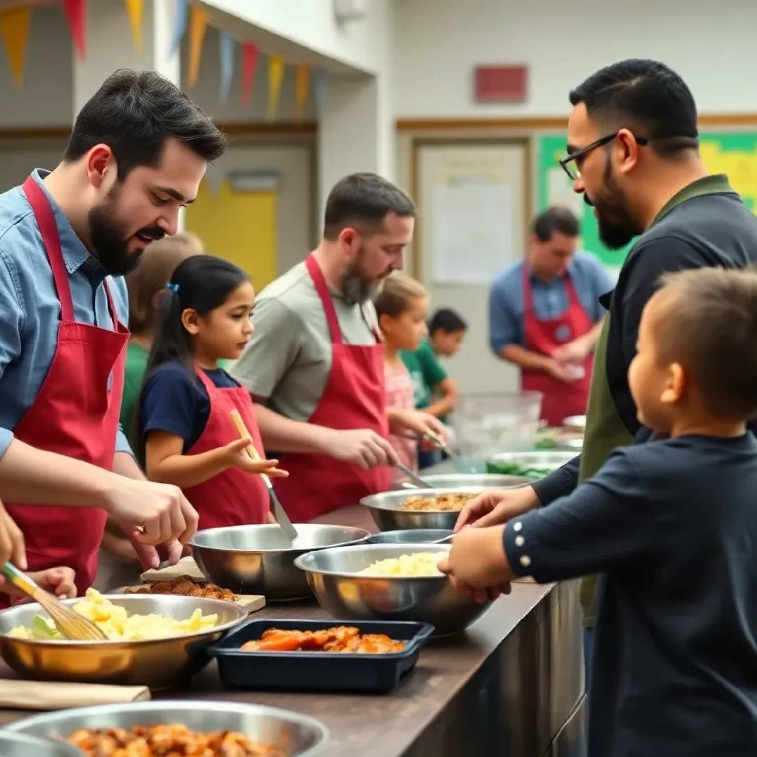 Fathers and male role models cooking together at Delmae Dads event