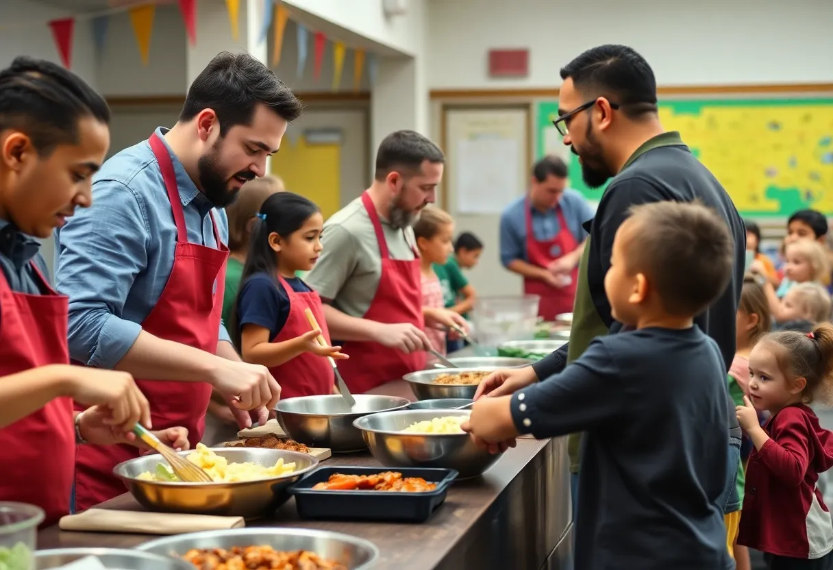 Fathers and male role models cooking together at Delmae Dads event