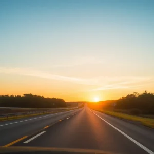 A tranquil scene of a highway in Florence County at sunset.