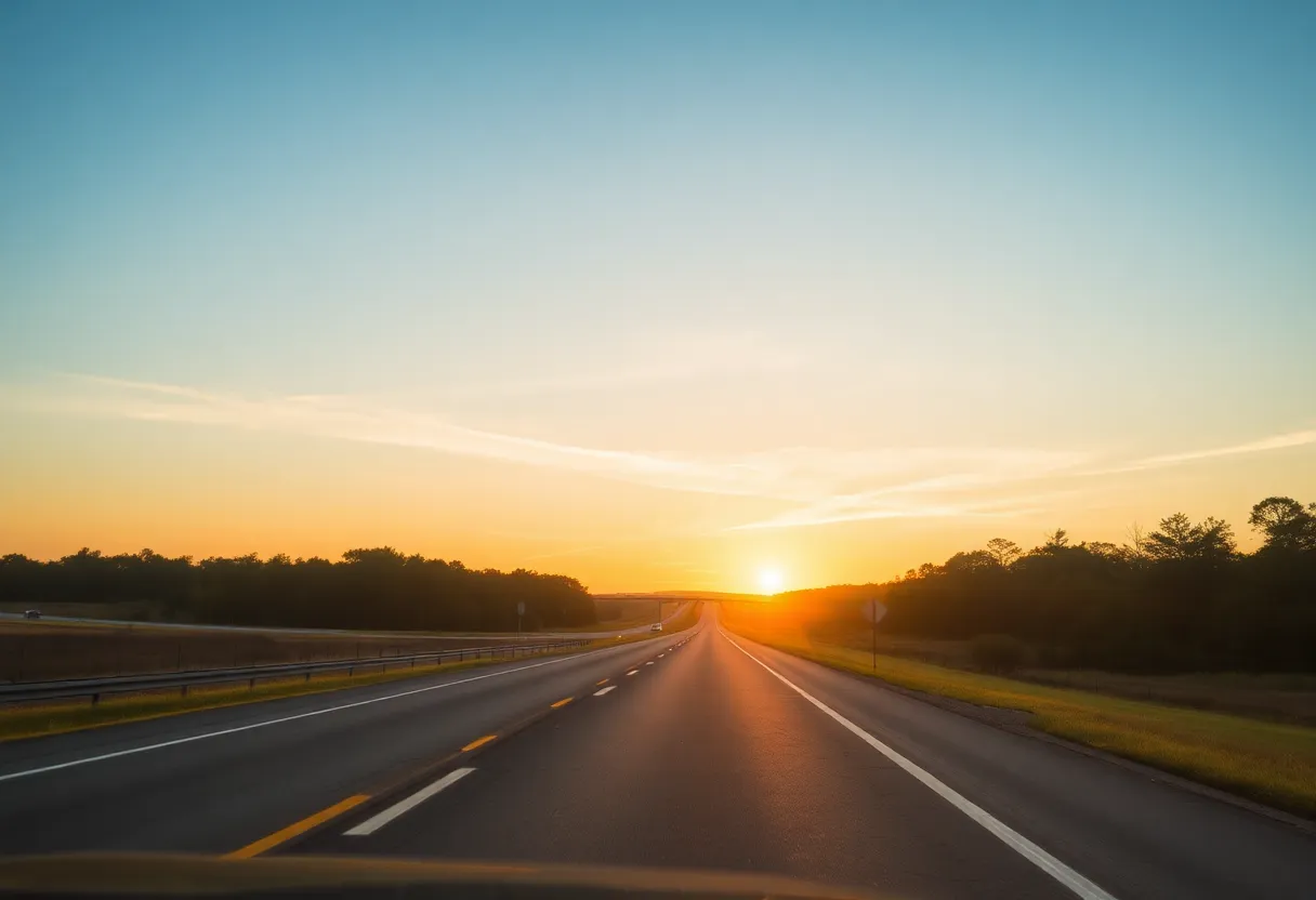 A tranquil scene of a highway in Florence County at sunset.