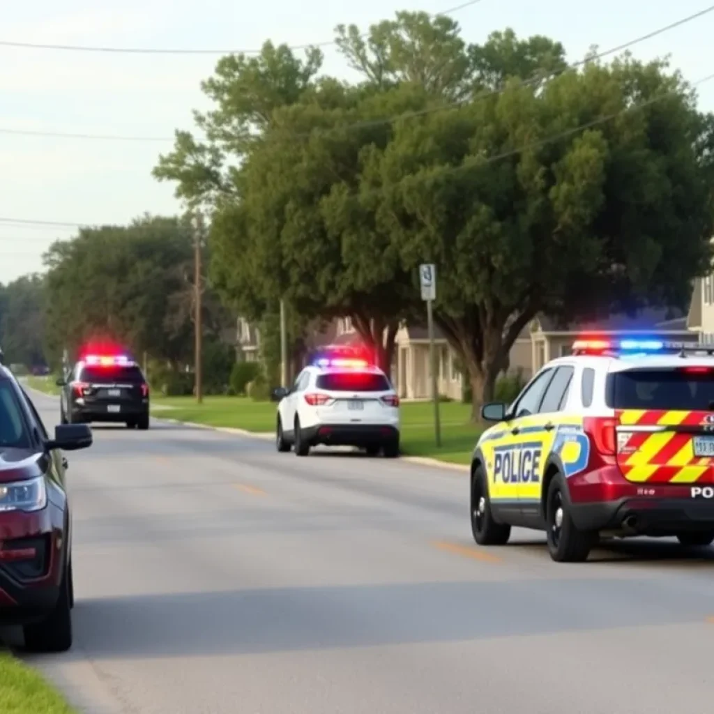 Police vehicles on a quiet suburban road in Florence County, South Carolina, after a standoff incident.