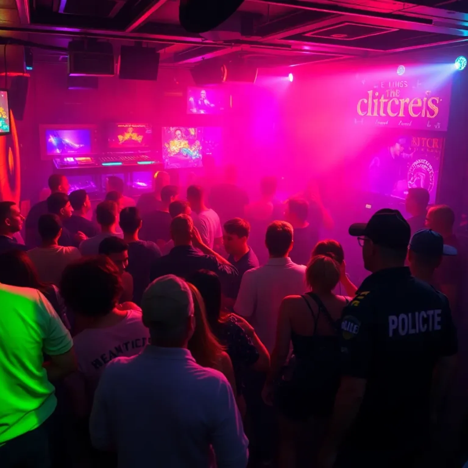 A lively nightclub atmosphere in Florence with security personnel on alert.
