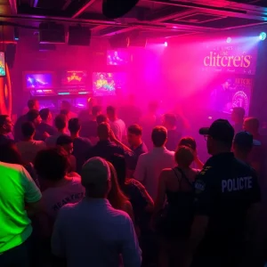 A lively nightclub atmosphere in Florence with security personnel on alert.