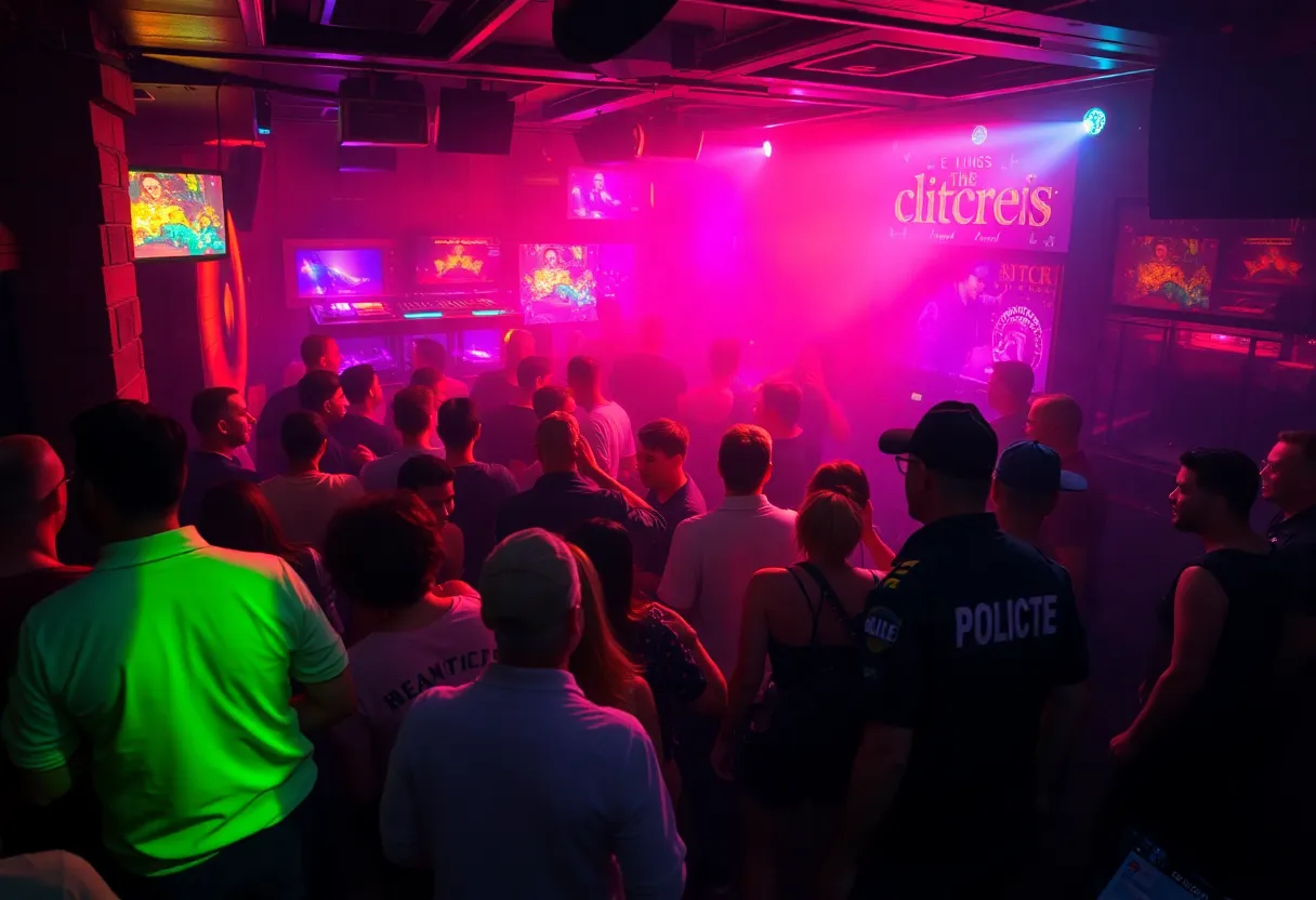 A lively nightclub atmosphere in Florence with security personnel on alert.