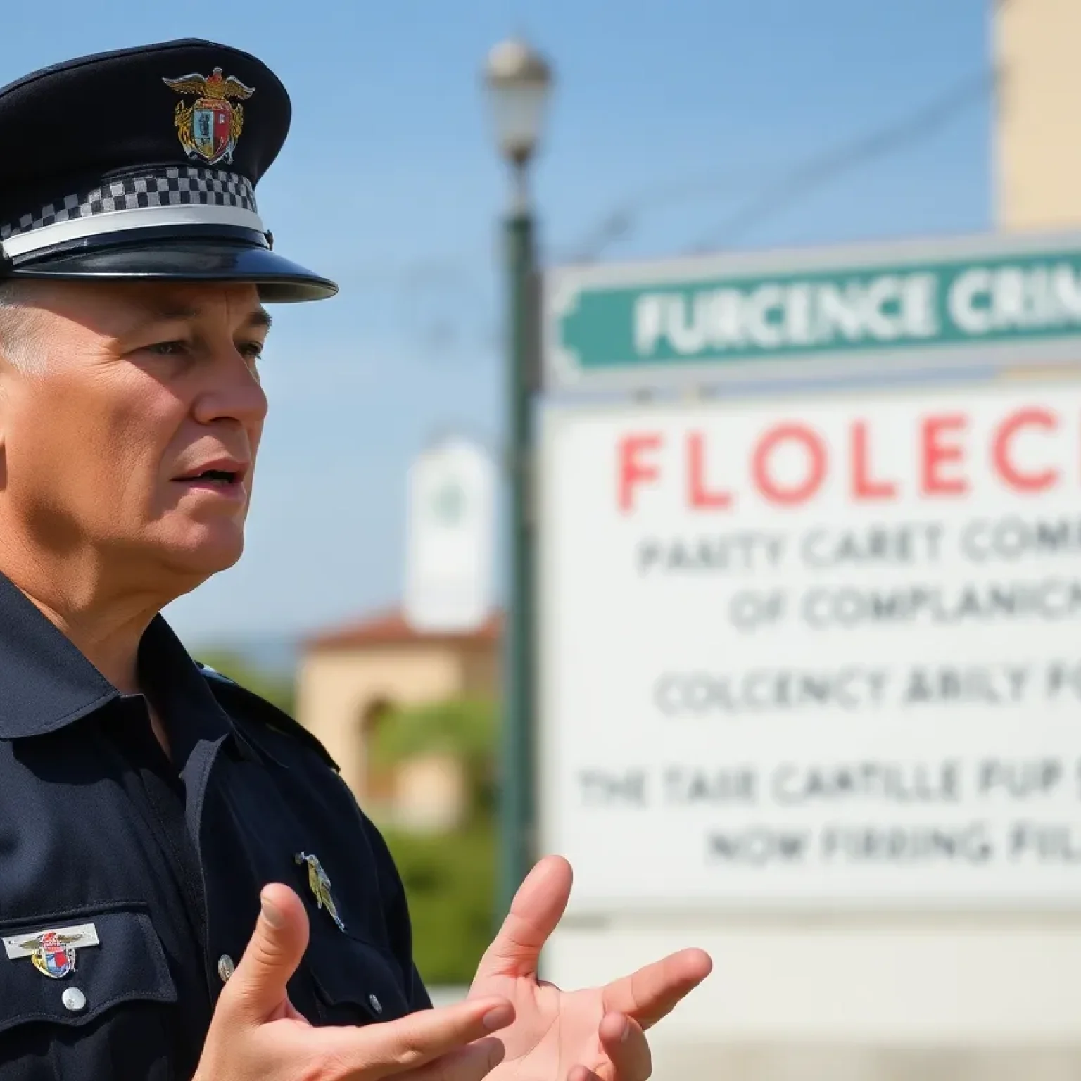 Florence Police Department officer discussing community safety.