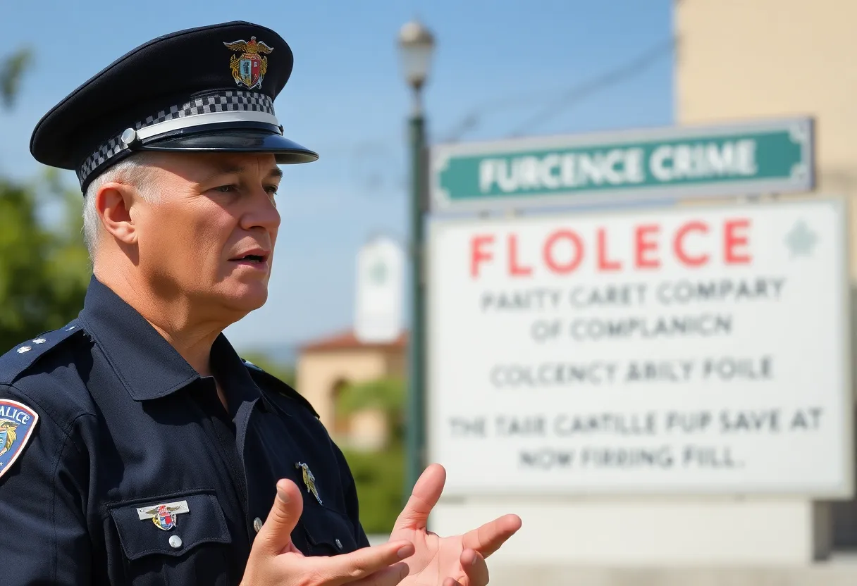 Florence Police Department officer discussing community safety.