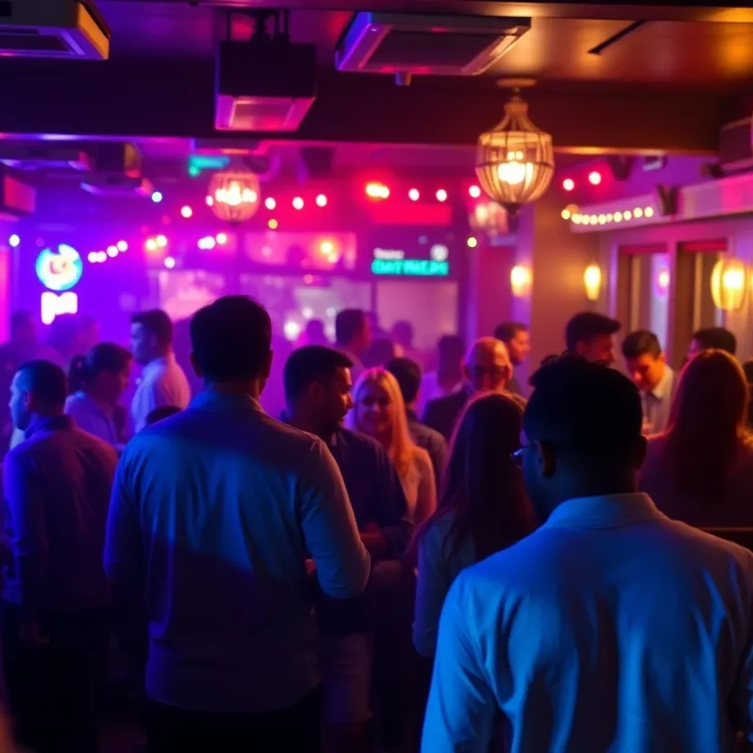Crowded lounge scene with a focus on social interactions and underlying tension.