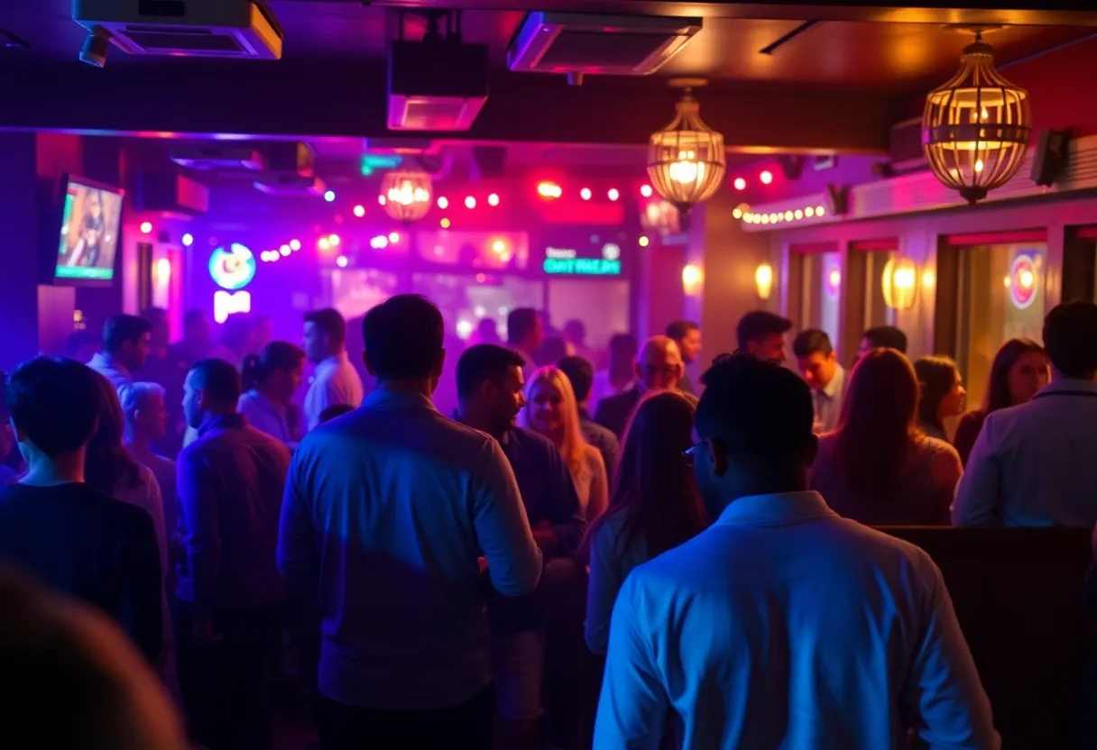 Crowded lounge scene with a focus on social interactions and underlying tension.
