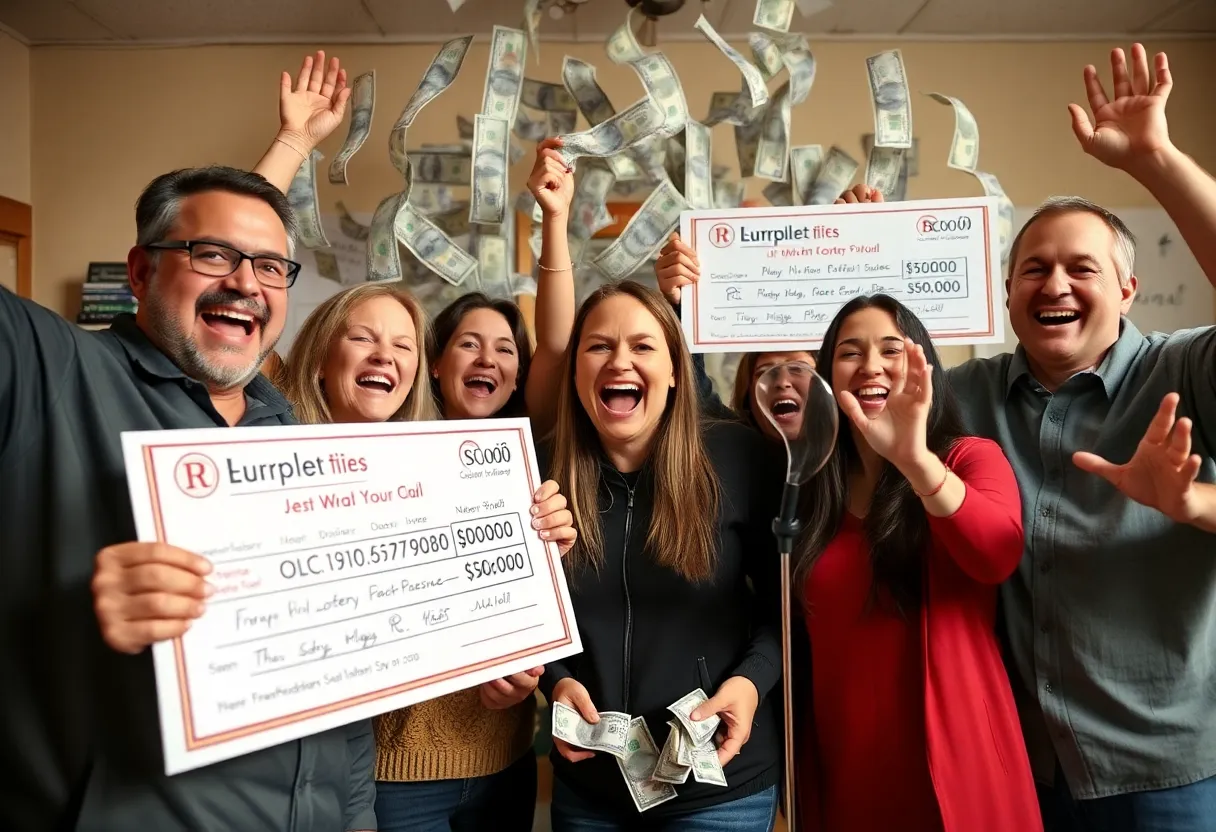 Group of friends in Florence celebrating their lottery win with joy