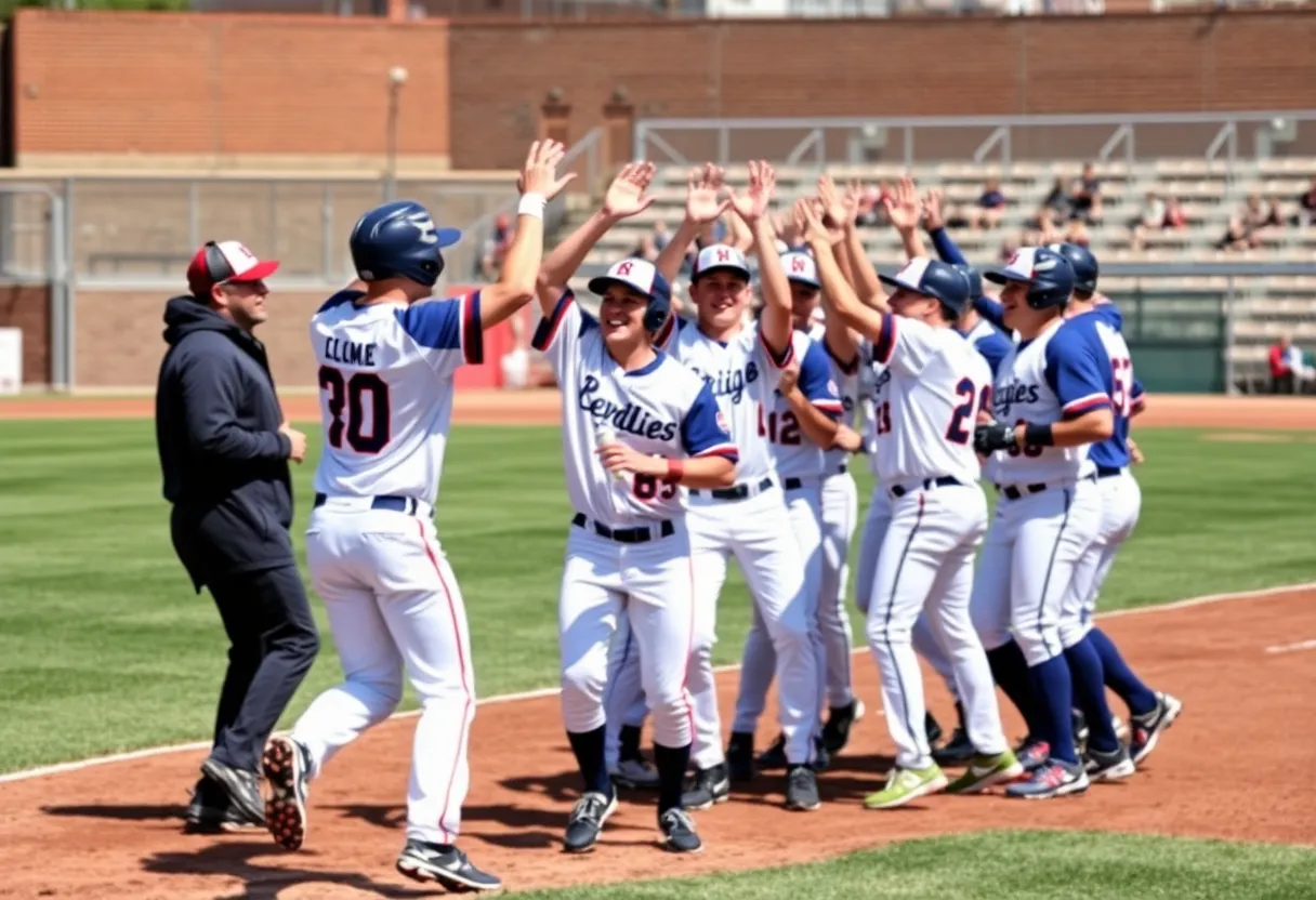 Francis Marion University baseball team celebrates on the field