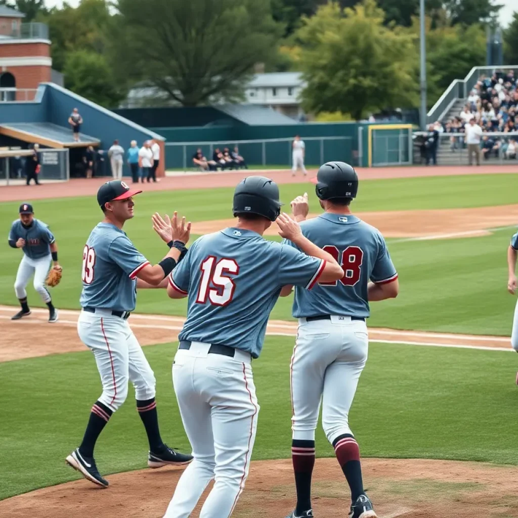 FMU baseball players in a competitive game atmosphere