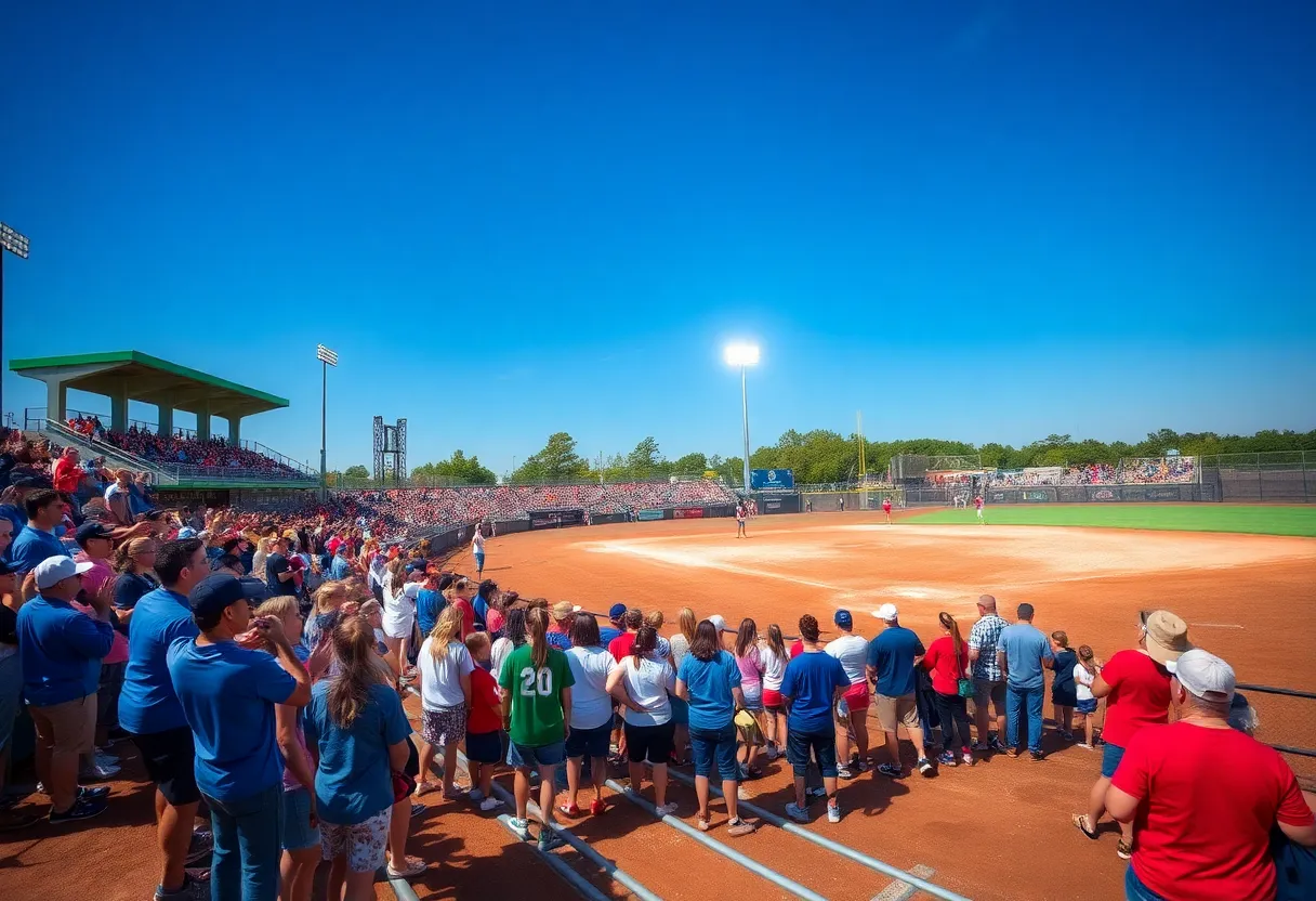 Francis Marion softball team playing in their first super regional with fans in the stands.