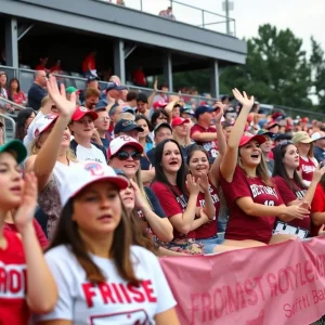 Fans supporting the Francis Marion softball team during a super regional game.