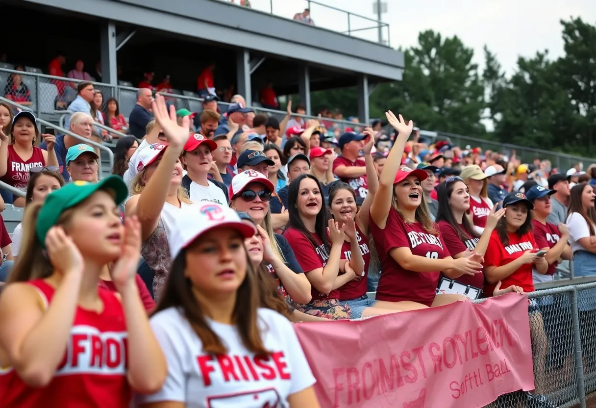Fans supporting the Francis Marion softball team during a super regional game.