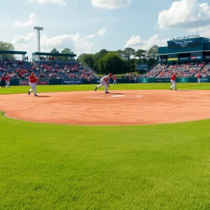 Action shot of college baseball players during a game