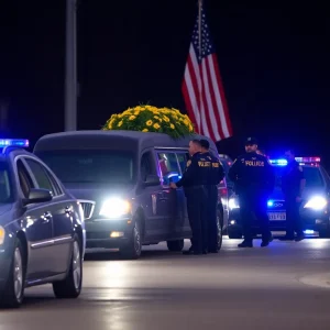 Law enforcement officers in procession honoring Deputy Ansay with blue lights and an American flag.
