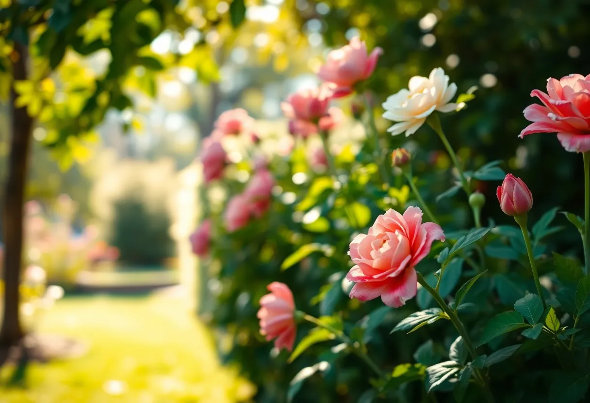 A tranquil garden filled with blooming flowers representing remembrance and love.