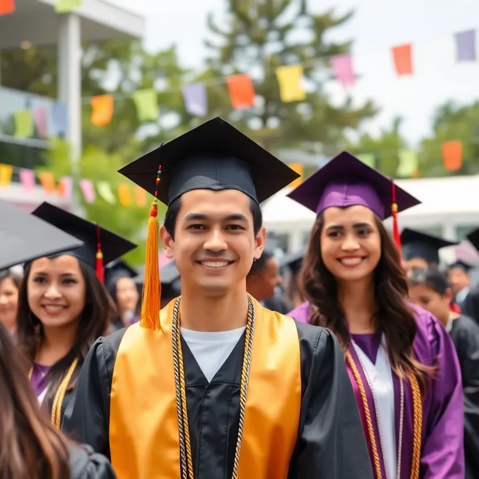 Graduates celebrating at Francis Marion University's outdoor commencement ceremony.
