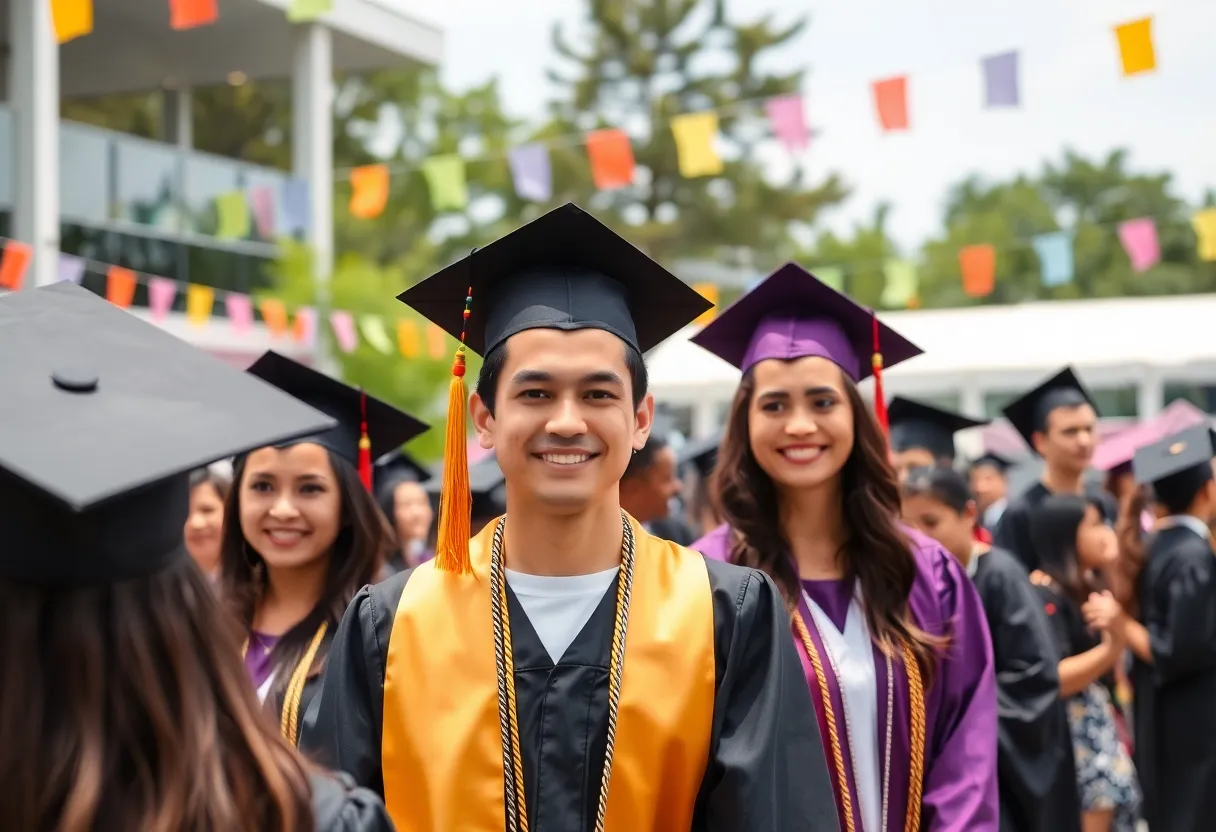 Graduates celebrating at Francis Marion University's outdoor commencement ceremony.