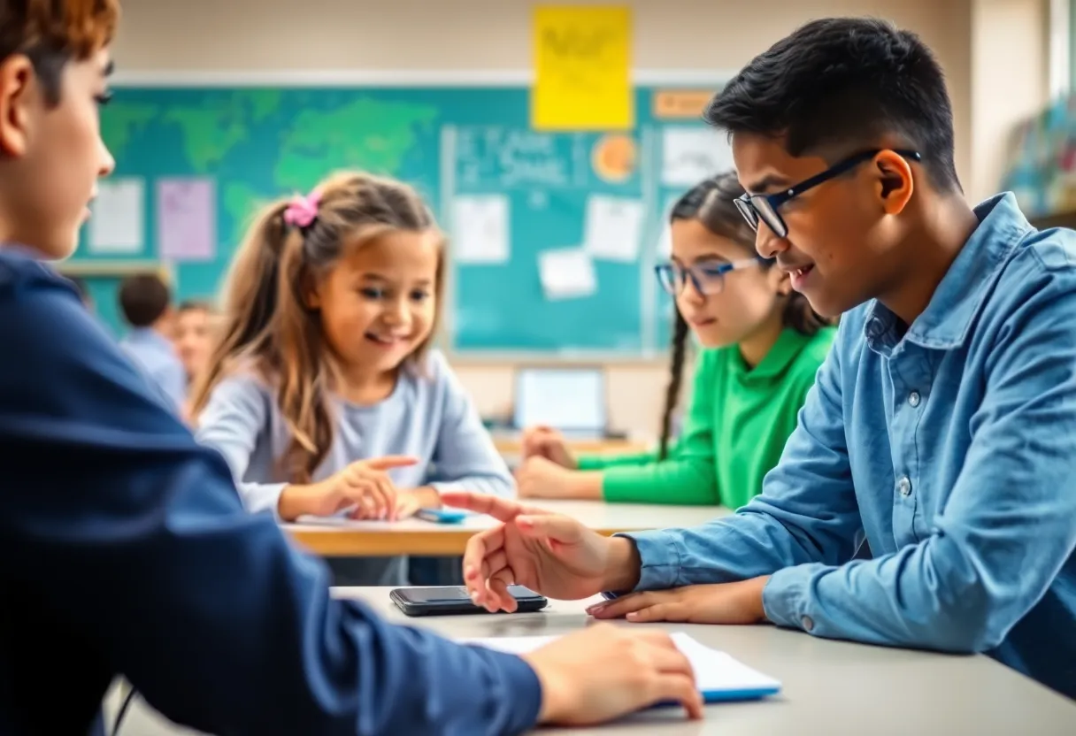 Students in a classroom using technology for learning.